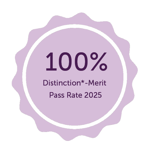 Graphic reading: '100% distinction* to merit pass rate 2025' Graphic reading: '100% distinction* to merit pass rate 2025'