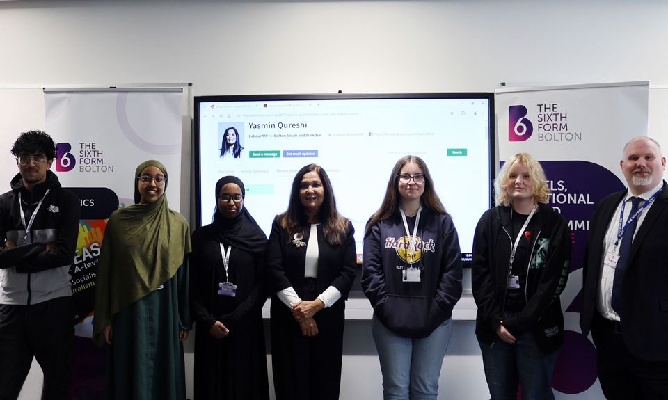 Image of Sixth Form Bolton students with Yasmin Qureshi MP and teacher, Lee Dickson